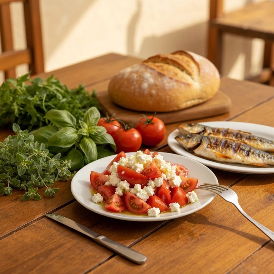 Traditional Cretan cuisine with dakos, olive oil, and fresh produce